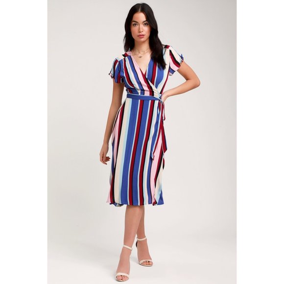 NWT Womens Size Small Lulu's Gesselie Blue Multi Stripe Midi Wrap Dress - Picture 4 of 4